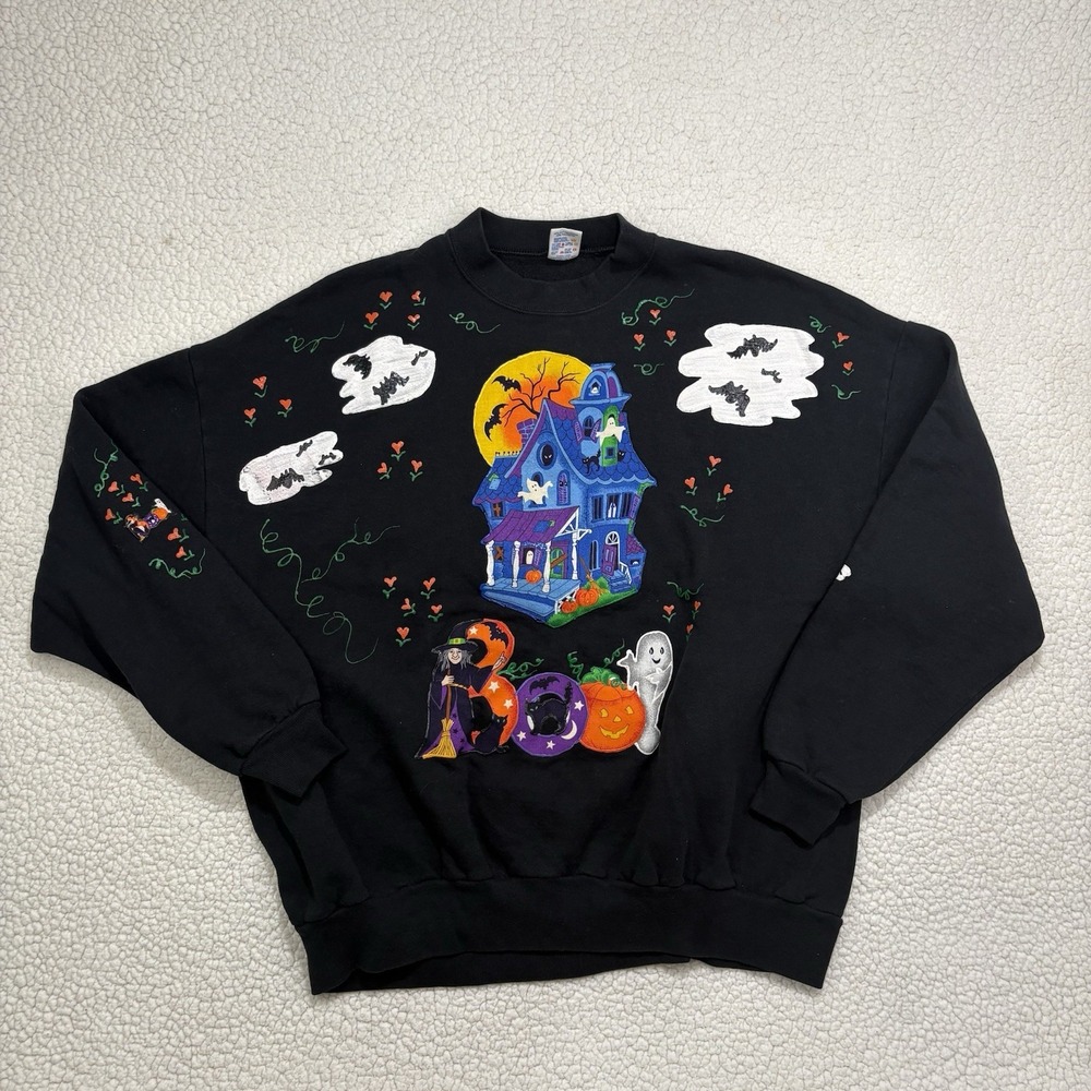 Vintage Halloween Sweatshirt 3X Black Hand Painted Haunted House Ghost Witch BOO